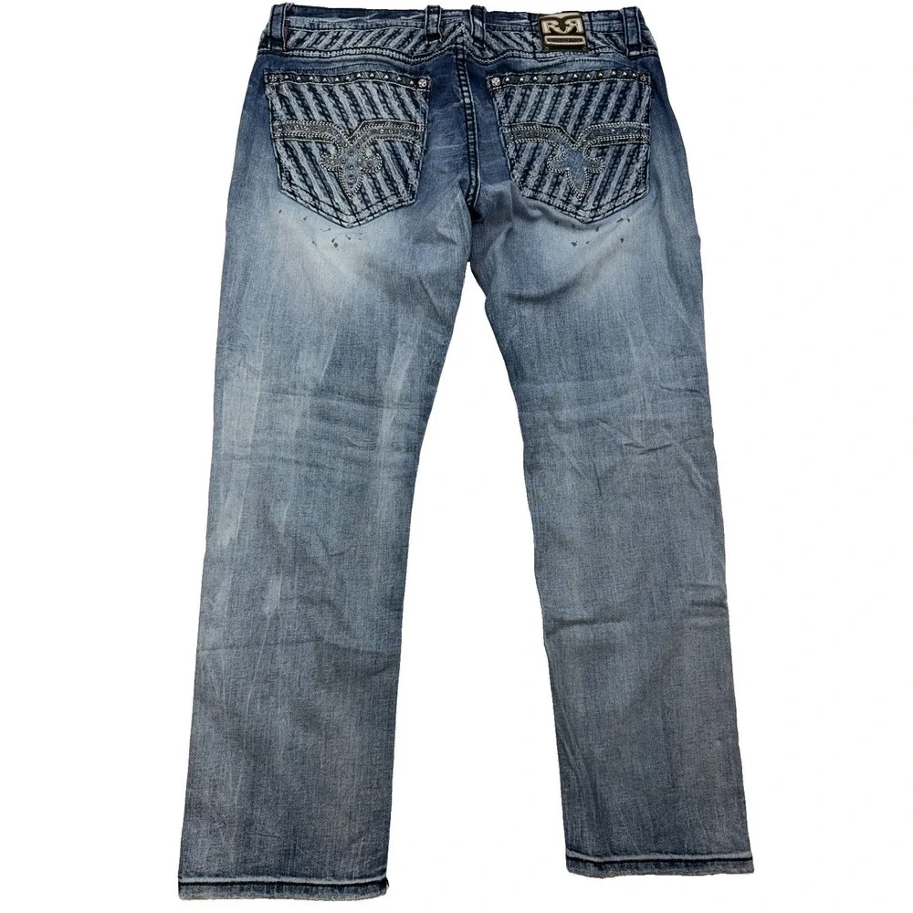 Rock Revival Men's Wilkins Biker Jeans Factory Distressed Paint Spots Size 42